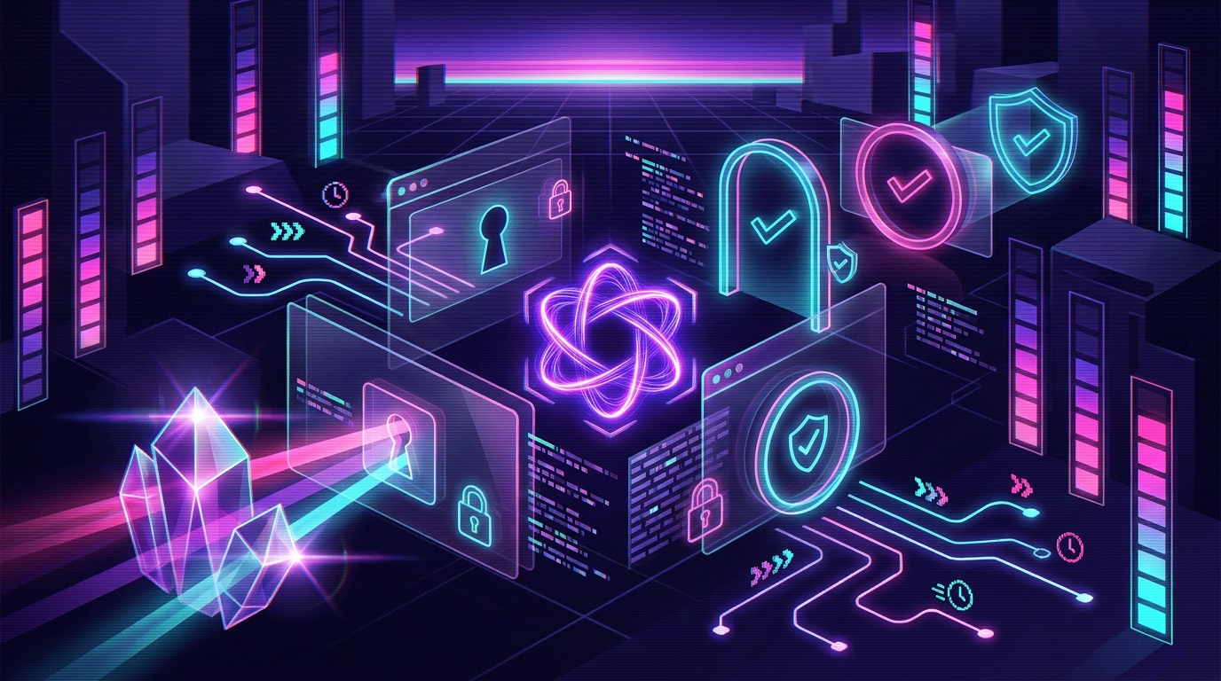 Synthwave security console with AI agent approval gates, risk tiers, audit logs, source checks, and human review controls.