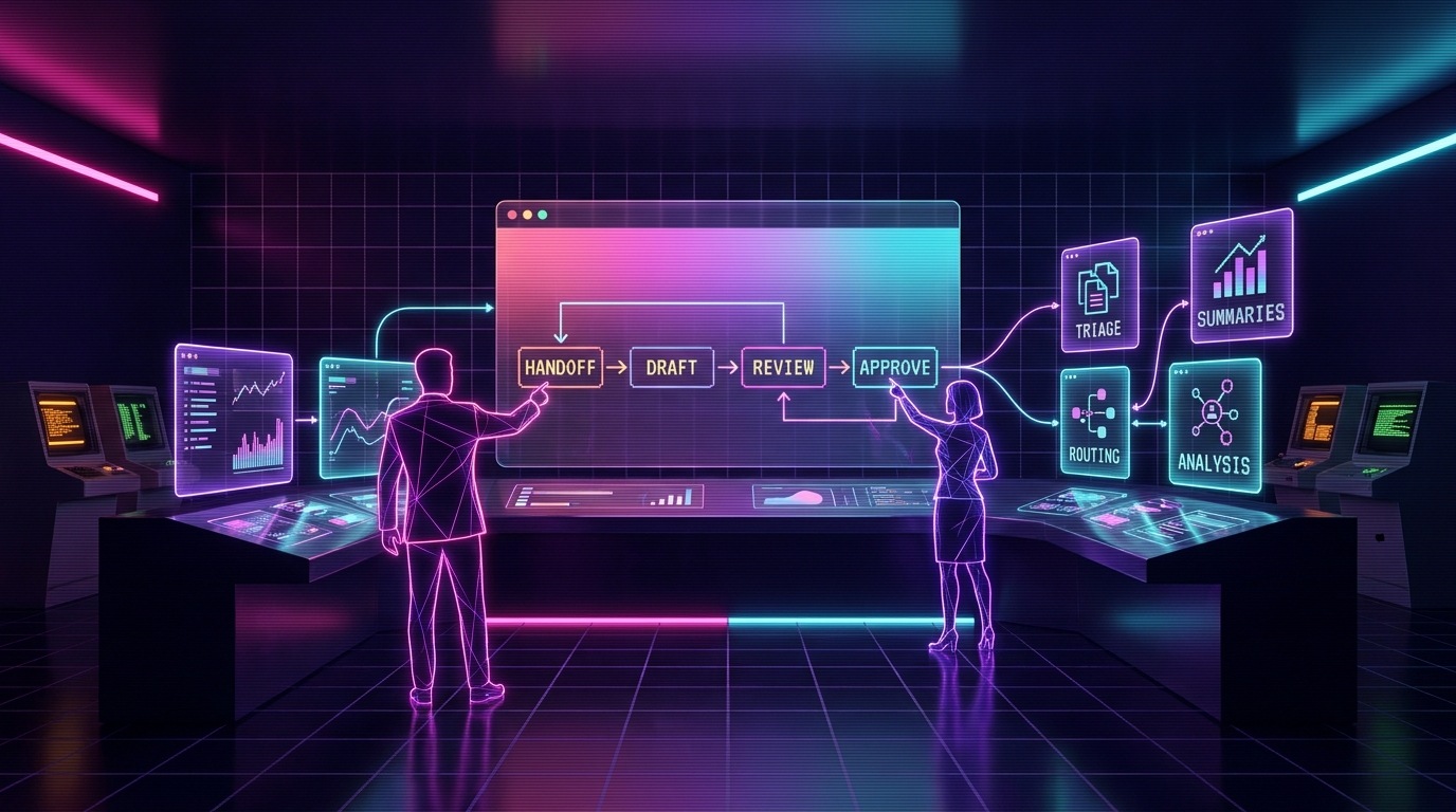Synthwave operations room where human operators approve a workflow board while AI agent panels handle triage, summaries, routing, and analysis on a neon grid.