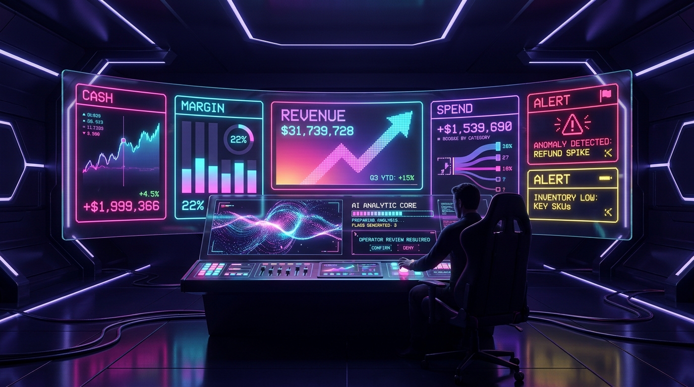Synthwave finance operations dashboard with cash, margin, revenue, spend, and alert panels while a human reviews AI-prepared analysis before approval.