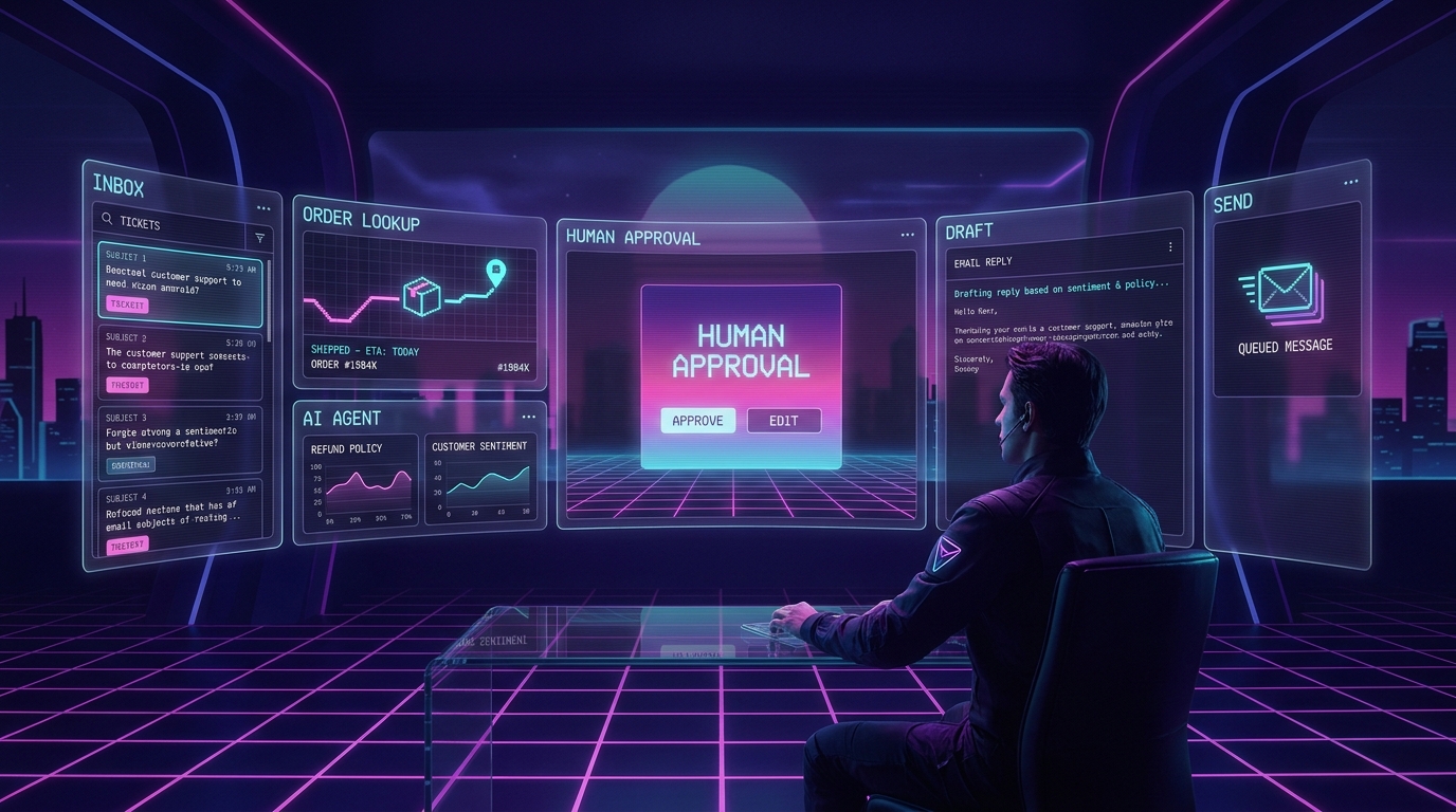 Synthwave customer support command center with an AI agent preparing order lookup, policy, sentiment, draft reply, and a human approval gate before send.