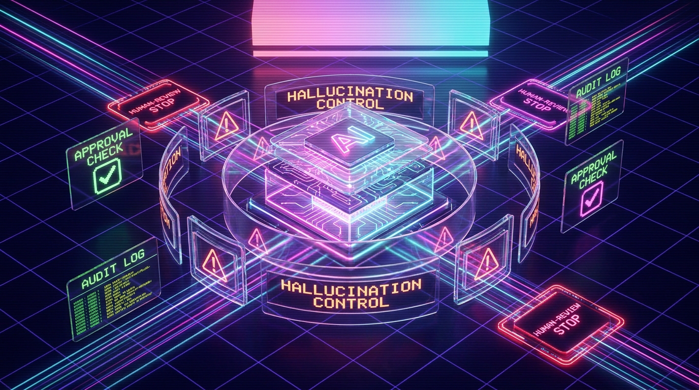 Synthwave AI safety illustration showing a glowing terminal core inside transparent guardrails with approval gates, audit logs, and warning panels on a dark neon grid.