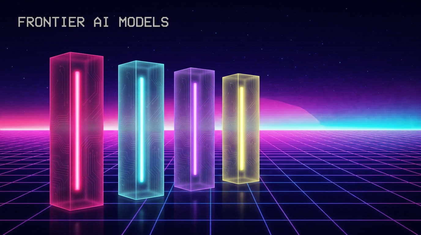 Four tall translucent neon monoliths standing on a synthwave perspective grid, each glowing a different color (pink, cyan, purple, yellow) representing Claude, ChatGPT, Gemini, and Grok.