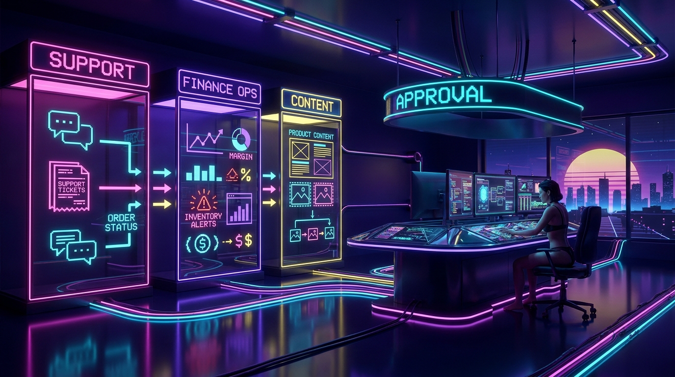 Synthwave ecommerce operations command center with support, finance ops, content, and approval lanes for generic DTC AI agents.