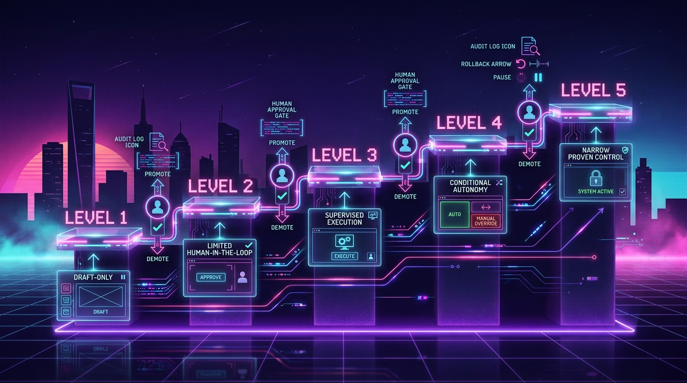 Synthwave AI autonomy ladder with five numbered levels, human approval gates, audit logs, rollback arrows, and increasing agent responsibility on a neon grid.