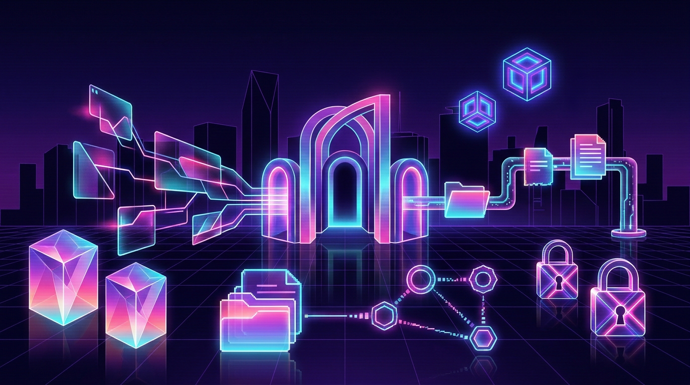 Synthwave integration hub with AI agent nodes connected to tools, files, databases, tickets, and approval gates through MCP server panels.