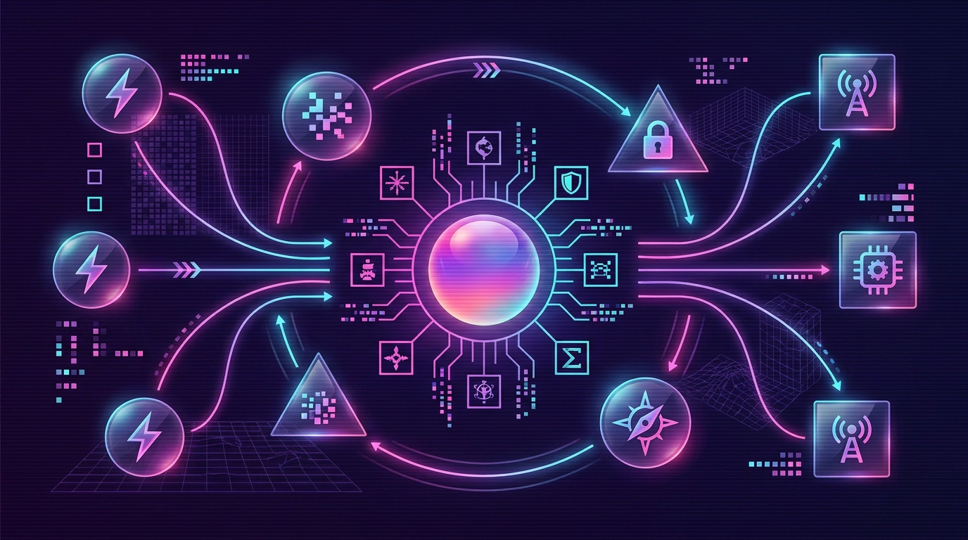Synthwave multi-agent operations map with specialist nodes, skill cartridges, handoff lanes, and an orchestrator panel.