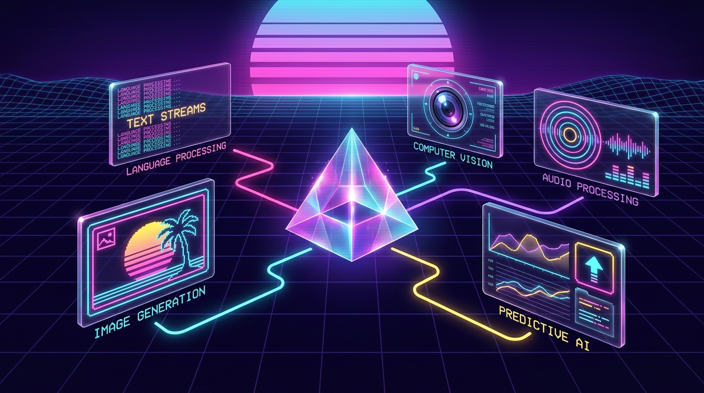 Synthwave taxonomy illustration showing language processing, image generation, computer vision, audio processing, and predictive AI modules connected to a glowing central prism.