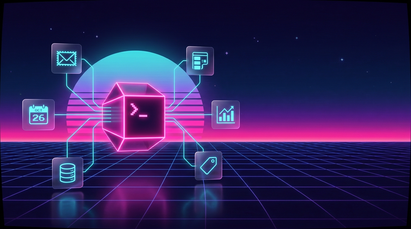 Abstract synthwave illustration of an AI agent: a glowing pink terminal cube at the center of a perspective grid, connected by cyan lines to small glassmorphism tool panels (envelope, calendar, database, chart, tag).