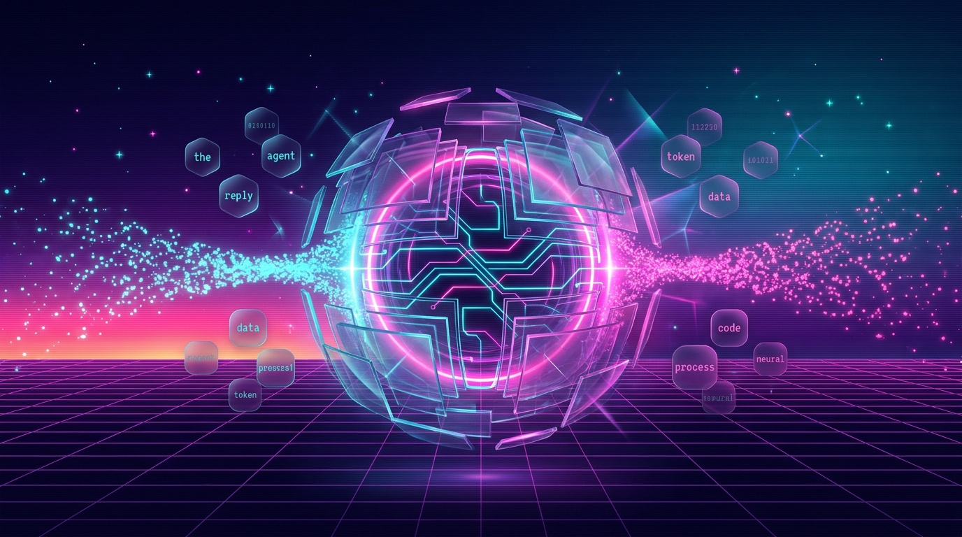 Abstract synthwave illustration of a large language model: a layered neon-pink core floating above a perspective grid with cyan particle streams flowing in and pink streams flowing out, surrounded by glassmorphism tiles containing tiny text fragments being processed.