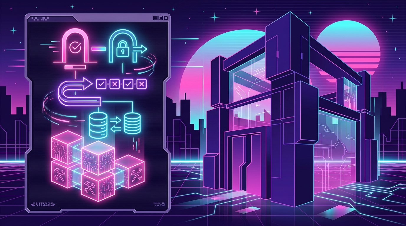 Synthwave software workbench showing a simple agent stack beside a heavy framework tower, with code, queue, database, evals, and approval gates.
